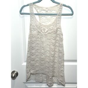 W.F. Womens Floral Lace Racerback Tank Top Ivory Crochet Trim High Low Hem L